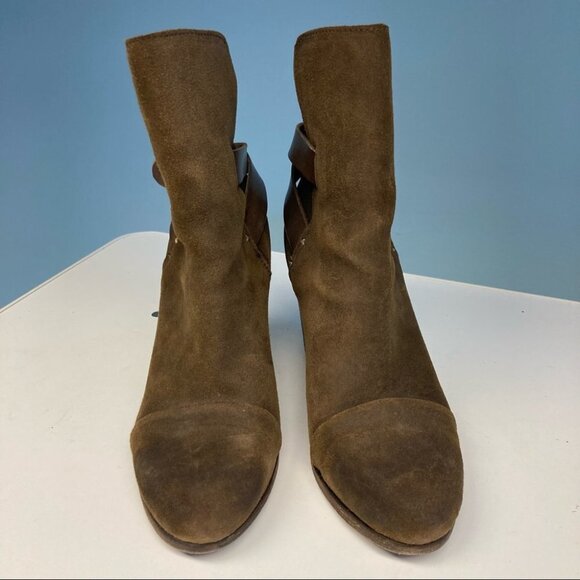 RAG & BONE Sz 38 Harrow Suede Tan Brown Booties w/  Straps Stalked 3.5” Heel - Picture 2 of 10